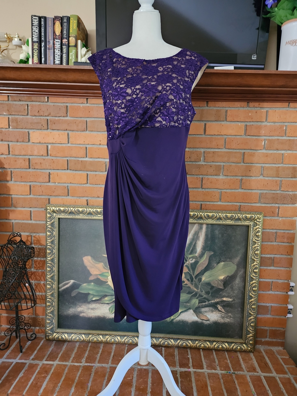 econnected Elegant Purple Lace-Top Midi Dress with Draped Skirt Size 16
